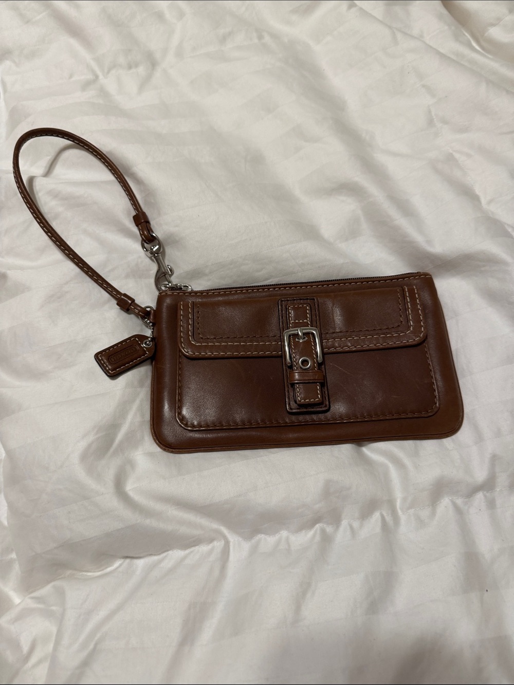 Coach Brown Leather Wristlet Clutch with Buckle Detail